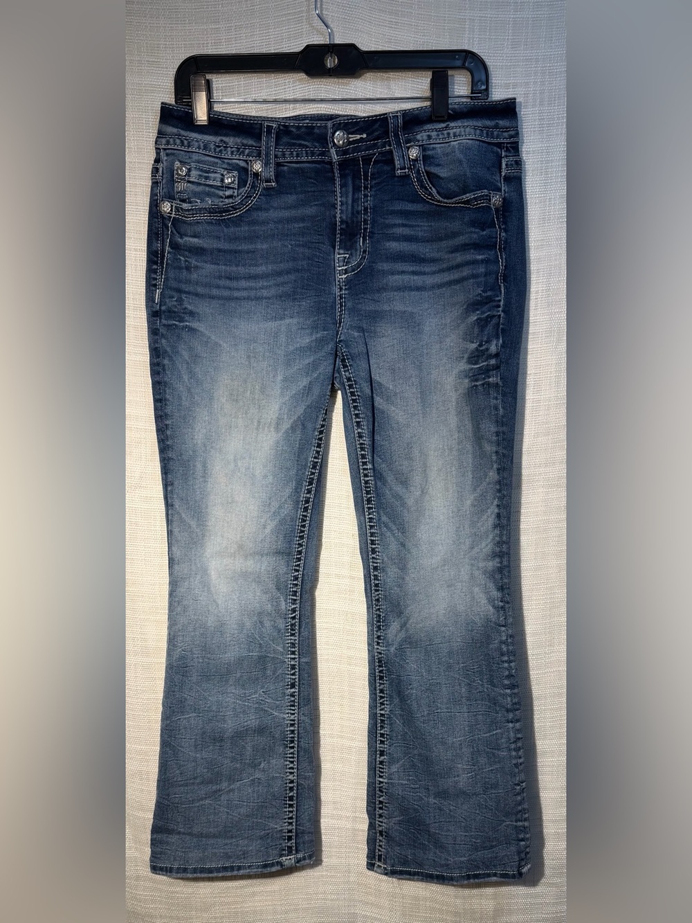 Miss Me Relaxed Med Rise Bootcut Jeans Women Sz 30x36 Blue Western Rhinestone